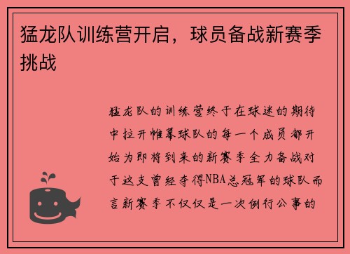 猛龙队训练营开启，球员备战新赛季挑战